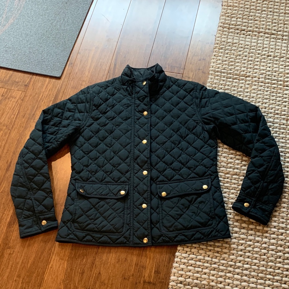 J Crew Quilted Black Field Jacket with Gold/Brass Hardware